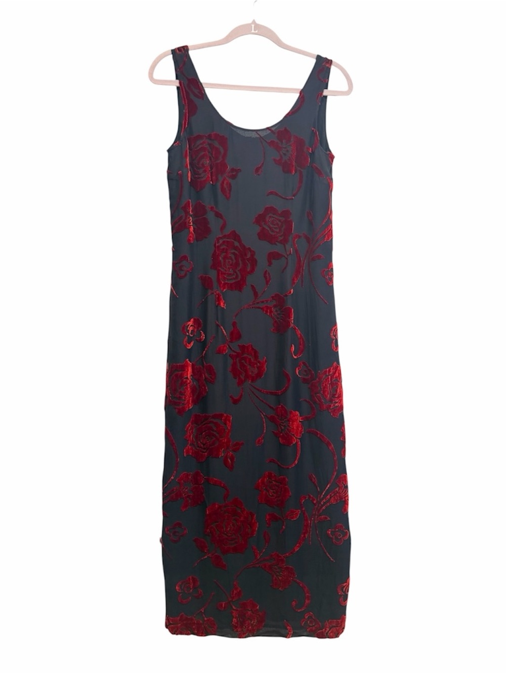 Vintage Y2K velvet burnout roses Laura Ashley sleeveless maxi dress, size 6